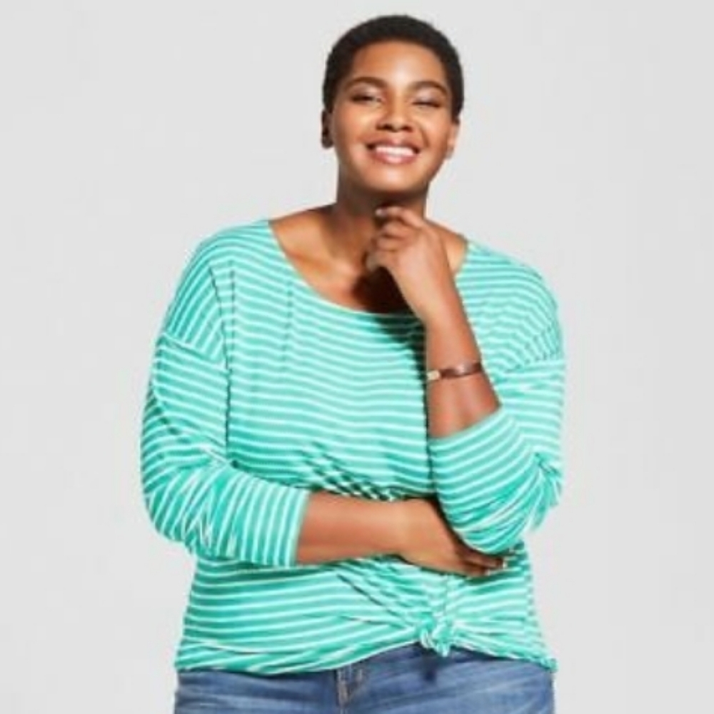 AVA & VIV Green + White Striped Top Sz 2X